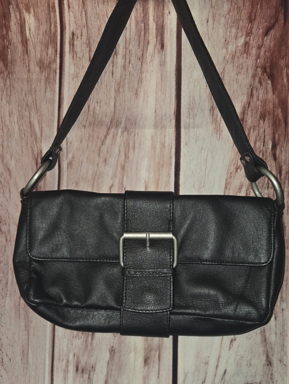 Wilsons Leather Black Leather East To West Shoulder Bag with Silver Buckle